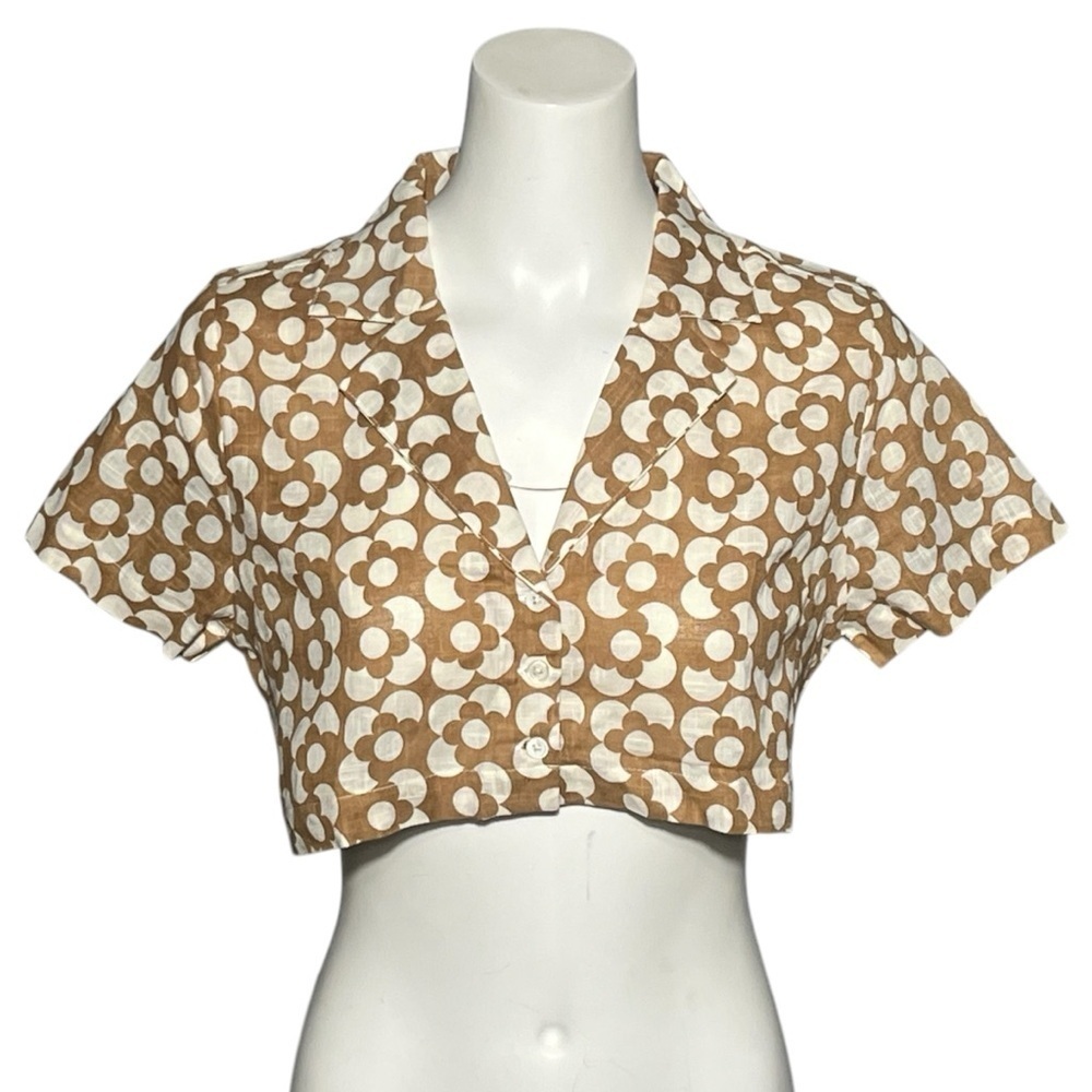 Tularosa Top Women's Small Tan Mocha Geo Floral Print Karuna Crop Button Up